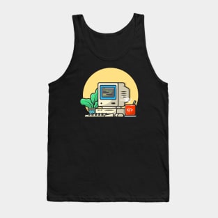Old Computer Desktop with Coffee and Plant Cartoon Vector Icon Illustration Tank Top